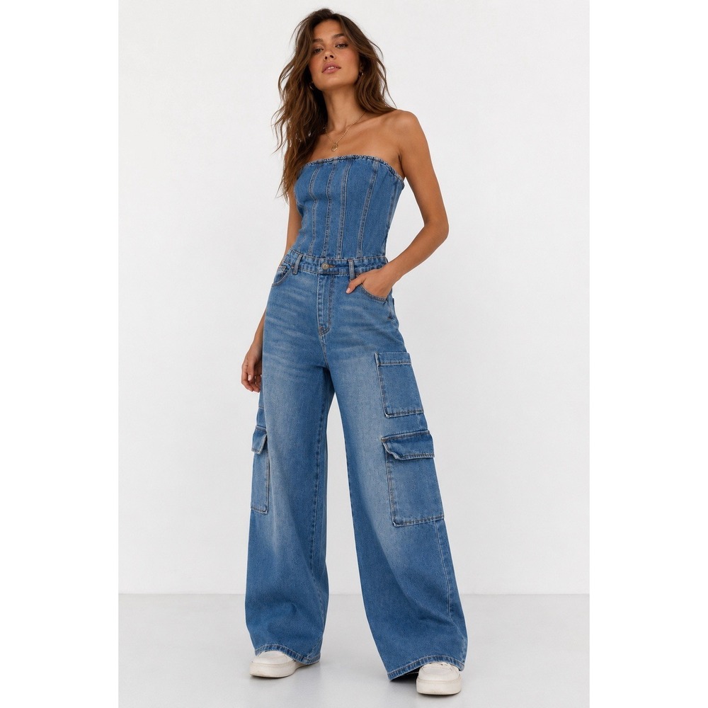 Wild Fable Women's Denim Jumpsuit XS Blue Strapless Tube Corset Wide Leg Cargo